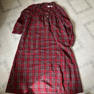 LL Bean Nightgown 211758 Large Red Plaid Flannel Piped Collar Cottagecore Granny